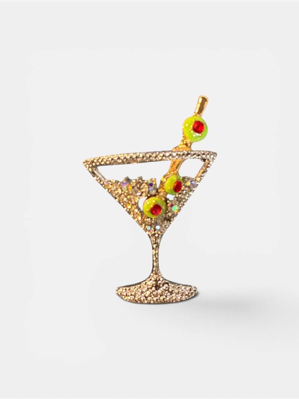 Sparkling Martini Glass Brooch with Lime Green Olive Accents